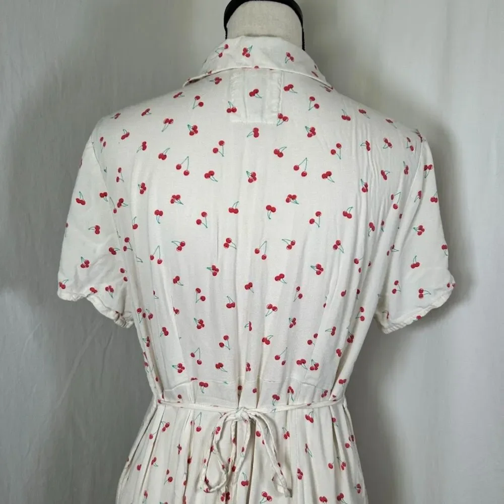 Cherry Print Retro Rockabilly Mini Dress Button Down Tie Back SO Size Large
